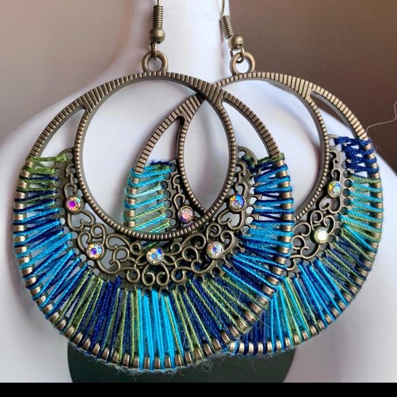 Jewelry - 'Vintage' Gold Boho Blue Green Thread Rhinestone Round Filigree Dangle Earrings